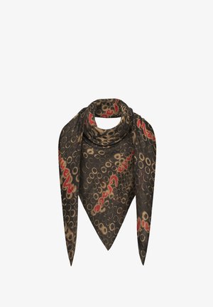 Sciarpa di seta con uno sfondo scuro, caratterizzata da motivi circolari in beige e rosso. Il design include del testo e varia nella consistenza.