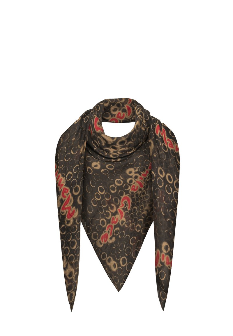 Sciarpa di seta con uno sfondo scuro, caratterizzata da motivi circolari in beige e rosso. Il design include del testo e varia nella consistenza.