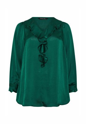 Emeraldgroene blouse met een V-hals en ruches, lange mouwen met elastische manchetten, gemaakt van een soepel stof. Beschikt over een losse pasvorm.