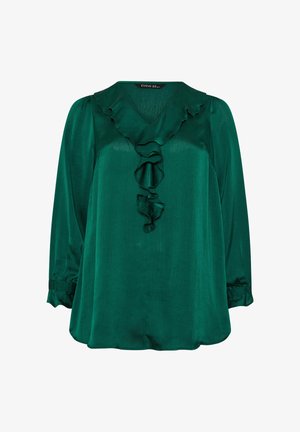 Emeraldgroene blouse met een V-hals en ruches, lange mouwen met elastische manchetten, gemaakt van een soepel stof. Beschikt over een losse pasvorm.
