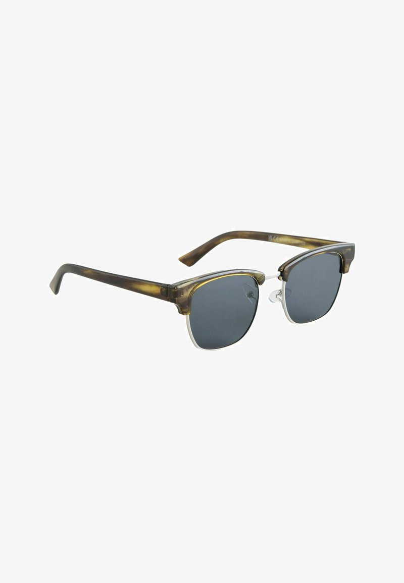 Lunettes de soleil demi-monture avec verres foncés et branches en écaille de tortue brun, dotées de plaquettes nasales réglables et d'accents en métal argenté.
