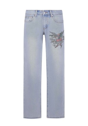 Lyseblå jeans med en lige pasform, prydet med et farverigt broderet design på venstre lår. Fremstillet af denim med en falmet tekstur.