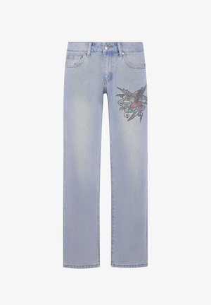 Jeans azzurri chiari con vestibilità dritta, caratterizzati da un vivace design ricamato sulla coscia sinistra. Realizzati in denim, con una finitura sbiadita.