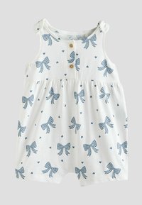 White cotton romper with blue bow and heart patterns. Features shoulder buttons, sleeveless design, and gathered waist. Stretchy, lightweight fabric.