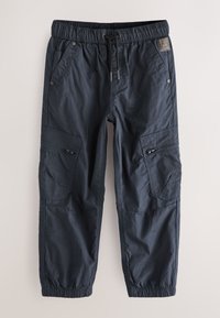 Pantaloni cargo grigio scuro con vita e polsini elasticizzati, coulisse, tasche laterali con zip e tasche anteriori inclinate su sfondo chiaro.