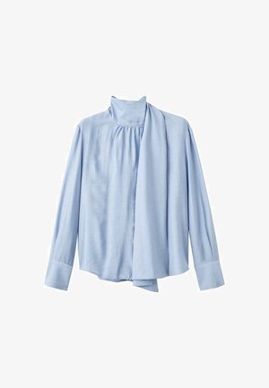 Light blue long-sleeve blouse made of smooth fabric. Features a high collar and a draped scarf accent on the front. Buttoned cuffs.
