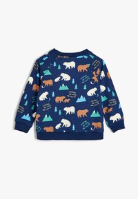 Sudadera azul marino con un estampado de un oso y montañas, que presenta varios colores, incluyendo blanco, marrón, verde y azul. Puños y dobladillo acanalados.