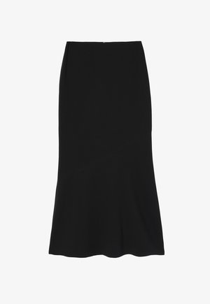 Fustă neagră din material neted, cu o margine evazată. Prezintă un detaliu cu cusătură în diagonală și un fermoar ascuns la spate.