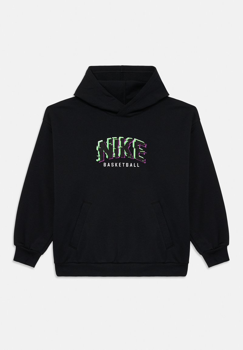 Sudadera negra de algodón con un bolsillo frontal. Presenta un gráfico multicolor de "NIKE BASKETBALL" en el pecho.