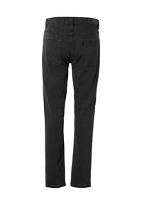 Jean noir droit vu de dos avec deux poches arrière et passants de ceinture à la taille.