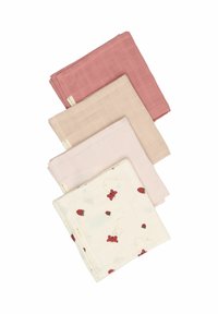 Neli musliiniklõngast riiet: üks sügav roosa, üks hele roosa, üks beež ja üks valge punaste maasikate ja lepatriinuga. Pehme tekstuur, ruudukujuline.