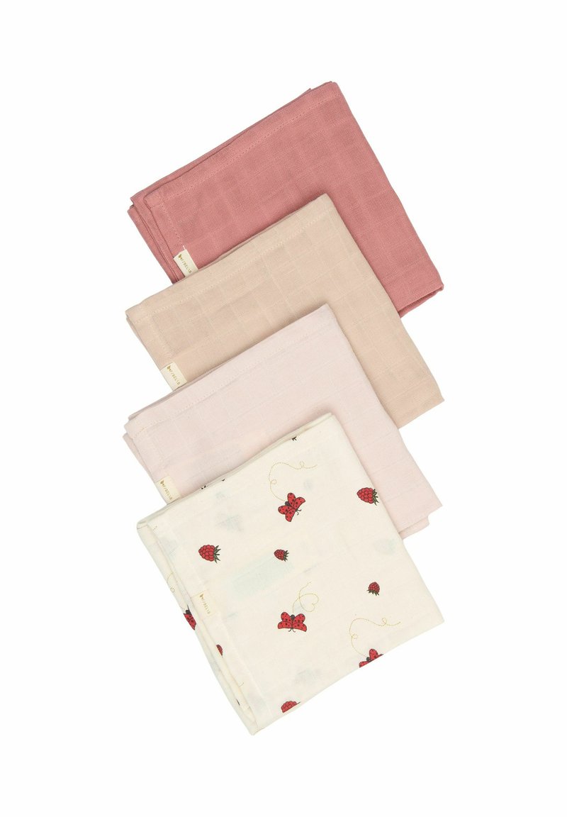 Neli musliiniklõngast riiet: üks sügav roosa, üks hele roosa, üks beež ja üks valge punaste maasikate ja lepatriinuga. Pehme tekstuur, ruudukujuline.