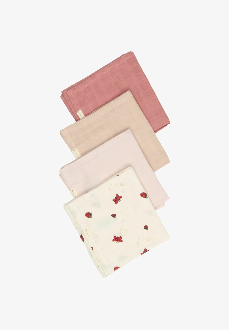 Neli musliiniklõngast riiet: üks sügav roosa, üks hele roosa, üks beež ja üks valge punaste maasikate ja lepatriinuga. Pehme tekstuur, ruudukujuline.