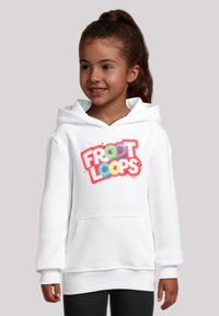 White hooded sweatshirt featuring a multicolored "FROOT LOOPS" graphic on the front, with a front pocket and ribbed cuffs.