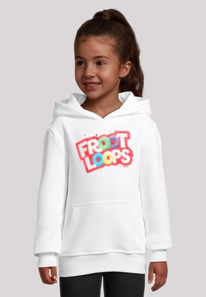 Weißer Kapuzenpullover mit einem mehrfarbigen "FROOT LOOPS"-Grafikdesign auf der Vorderseite, einer Taschentasche und gerippten Bündchen.