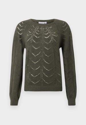 Olivno zelena pletena puloverja z zaobljenim vratnim izrezom in dolgimi rokavi, z teksturiranim odprtim vzorcem in rebrastim robom.