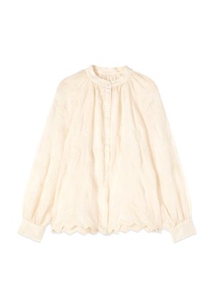 Blusa de manga larga color crema con escote redondo, botones delanteros, bordado floral, detalles fruncidos y dobladillo y puños con borde festoneado.