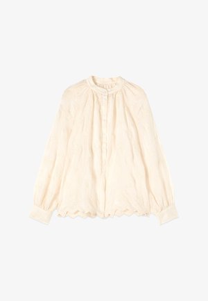 Cremefarbene Bluse mit langen Ärmeln, rundem Ausschnitt, durchgehender Knopfleiste, Blumenstickerei, gerafften Details sowie geschwungenem Saum und Bündchen.