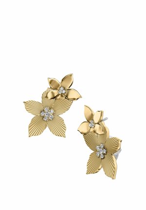 Boucles d'oreilles florales en or avec deux fleurs superposées, chacune ornée de grappes de diamants au centre sur des pétales texturés et lisses.