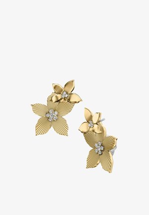 Guld blomsterøreringe med to lag blomster, hver med diamantklynger i midten på teksturerede og glatte kronblade.