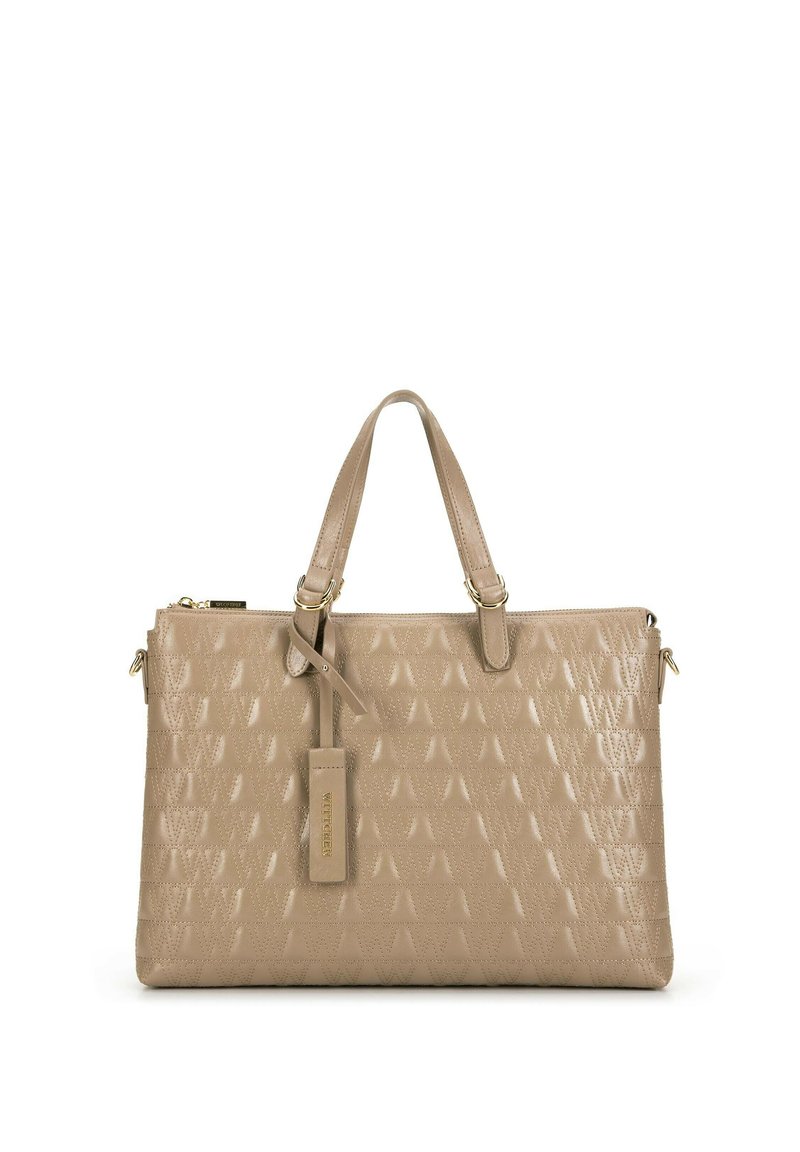 Beżowa torebka wykonana z teksturowanej skóry z geometrycznym wzorem, z podwójnymi uchwytami u góry i zapięciem na zamek. Posiada odczepianą metkę.