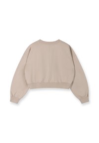 Geknipte beige sweatshirt met lange, iets opgezette mouwen, geribbelde halslijn en zoom, een zachte textuur en een eenvoudig, minimalistisch ontwerp.