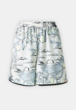Szorty wykonane z lekkiego materiału z elastycznym pasem. Posiadają pastelowy nadruk w kwiaty i krajobrazy, z czarnymi akcentami.
