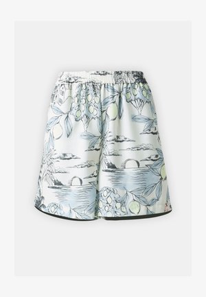 Šortai pagaminti iš lengvo audinio su elastinga juosta. Papuošti pastelinės spalvos gėlių ir peizažo raštu, su juodais akcentais.