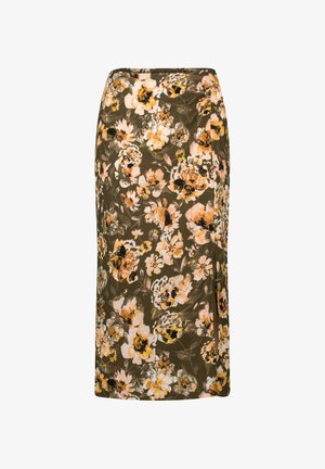 Blomstret blyantskirt i mørk olivengrøn stof, med store fersken- og kremfarvede blomster, samt en sideslids for ekstra detaljer.