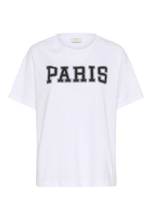 T-shirt en coton blanc à manches courtes, avec "PARIS" en grandes lettres noires sur le devant. Design simple à col rond.