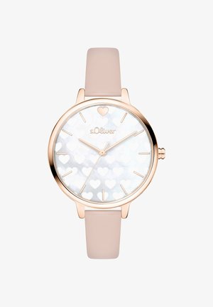 Runde s.Oliver Uhr mit einem Gehäuse aus roségoldfarbenem Metall, einem zartrosafarbenen Silikonarmband und einem Zifferblatt aus Perlmutt mit weißen Herzmustern.