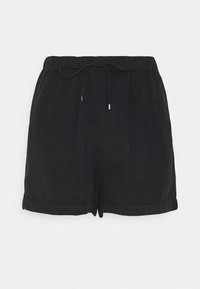 Pantalones cortos negros hechos de tejido ligero con cintura elástica, cierre de cordón y dobladillos enrollados. Diseño simple y minimalista sin patrones.