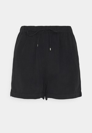 Shorts noirs en tissu léger avec une taille élastique, un cordon de serrage et des ourlets roulés. Design simple et minimaliste sans motifs.