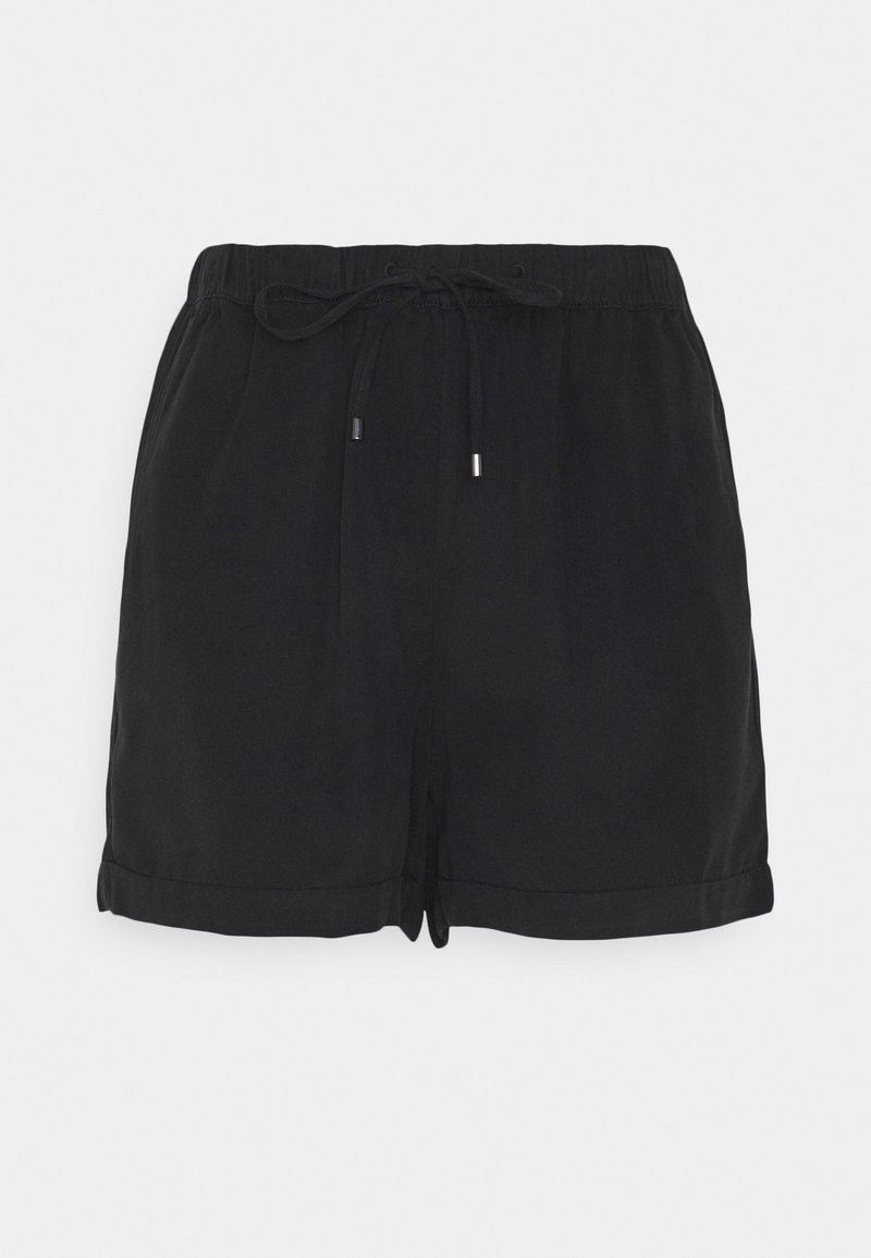 Pantalones cortos negros hechos de tejido ligero con cintura elástica, cierre de cordón y dobladillos enrollados. Diseño simple y minimalista sin patrones.