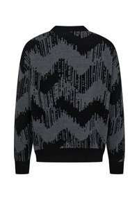 Schwarzer und grauer Strickpullover mit einem wellenförmigen Muster, runder Ausschnitt und gerippten Bündchen. Weicher Stoff mit entspannter Passform.