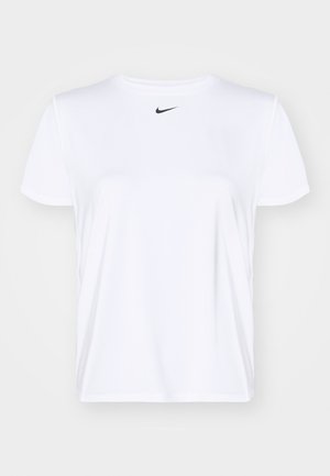 Maglietta atletica bianca in tessuto liscio, con scollo rotondo e maniche corte. Piccolo logo Nike nero al centro del petto.