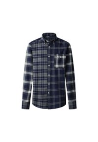 Chemise à manches longues à boutons avec un motif à carreaux bleu marine et gris, dotée d'une poche poitrine boutonnée et d'un col boutonné.