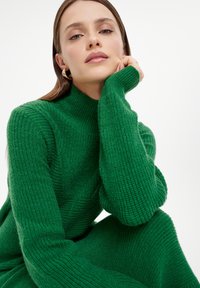 Grüner Strickpullover mit hohem Rollkragen und langen Ärmeln. weist strukturierte Muster auf und bietet eine gemütliche, lockere Passform.
