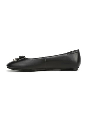 Black leather ballet flat with a rounded toe, featuring a small bow accent and metallic hardware detail. Smooth texture, low profile design.