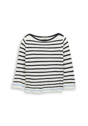 Chemise blanche à manches longues avec des rayures horizontales noires et des accents bleu clair aux poignets et à l'ourlet, dotée d'un col rond.