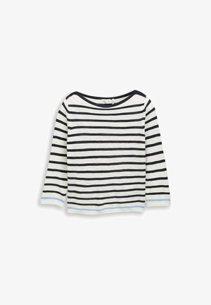 Chemise blanche à manches longues avec des rayures horizontales noires et des accents bleu clair aux poignets et à l'ourlet, dotée d'un col rond.