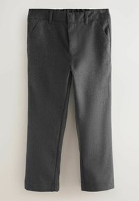 Grijze geweven broeken met een vlakke voorkant, elastische tailleband, twee zijzakken en rechte pijpen. De oppervlaktextuur is glad en subtiel.