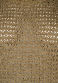 Jasnobrązowy top na szydełku z otwartymi wzorami, z okrągłym dekoltem i teksturowanym, luźnym splotem. Wzór składa się z przeplatanych motywów.