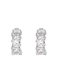 Pendientes de cristal transparente con múltiples piedras corte rectangular montadas en metal de tono plateado. Presentan un acabado pulido y un diseño simétrico.