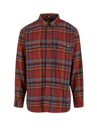 Red and gray plaid long-sleeve shirt with a button-down collar, two chest pockets, and a logo on the left pocket. Cotton blend fabric.