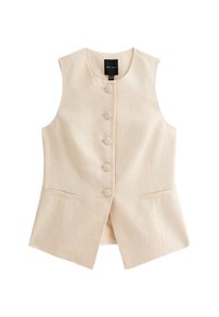 Beige ärmlös väst i texturerat material med sex runda knappar och två framfickor. Etiketten säger "NEW LOOK."