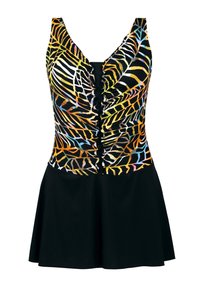 Czarna sukienka kąpielowa z jaskrawym, abstrakcyjnym wzorem na górnej części, ozdobiona falbankami oraz dopasowanym krojem spódnicy.