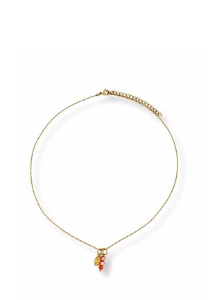 Delicate gold chain necklace with a small leaf charm and three tiny beads in shades of red and pink hanging at the center.
