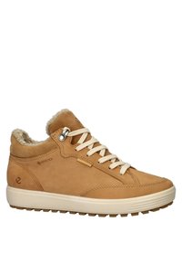Sneaker alto in suede marrone con rivestimento in pile crema, design con lacci, suola in gomma e logo GORE-TEX in rilievo sul lato.