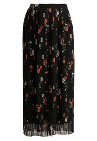 Geplooide zwarte rok met een bloemenpatroon in rood, wit en groen. Zacht materiaal, enkel-lang, met een elastische tailleband voor comfort.